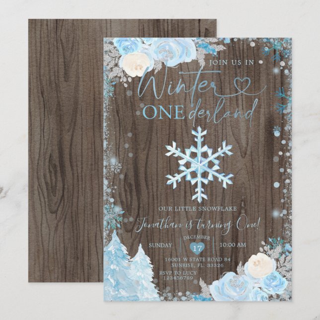 Invitation Bois Blue Winter Onederland Snowflake Anniversaire (Devant / Derrière)
