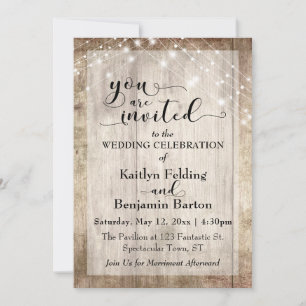 Invitation Bois Brown rustique avec cordes lumineuses, Mariag