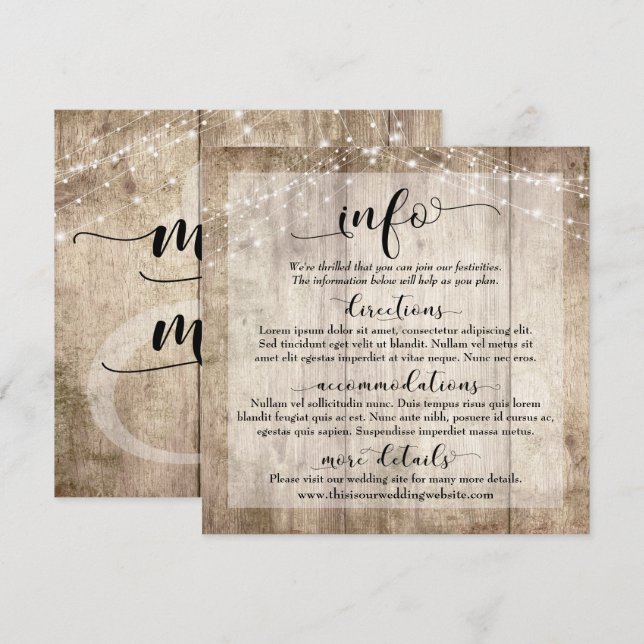 Invitation Bois Brown rustique clair avec lumières, Infos Mar (Devant / Derrière)