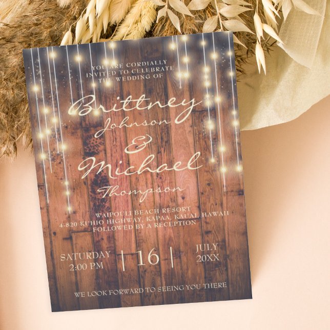 Invitation Bois Brown rustique et lumières | MARIAGE (Créateur téléchargé)