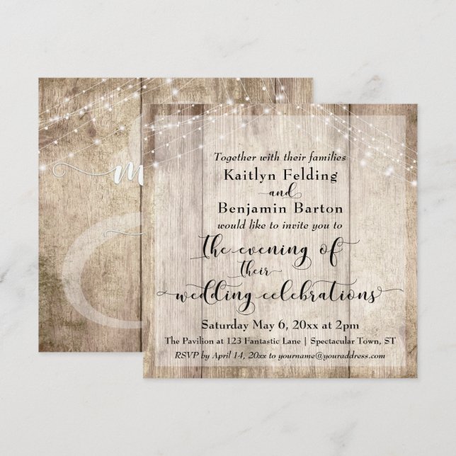 Invitation Bois Brown rustique & Lumières Soirée Mariage Évén (Devant / Derrière)
