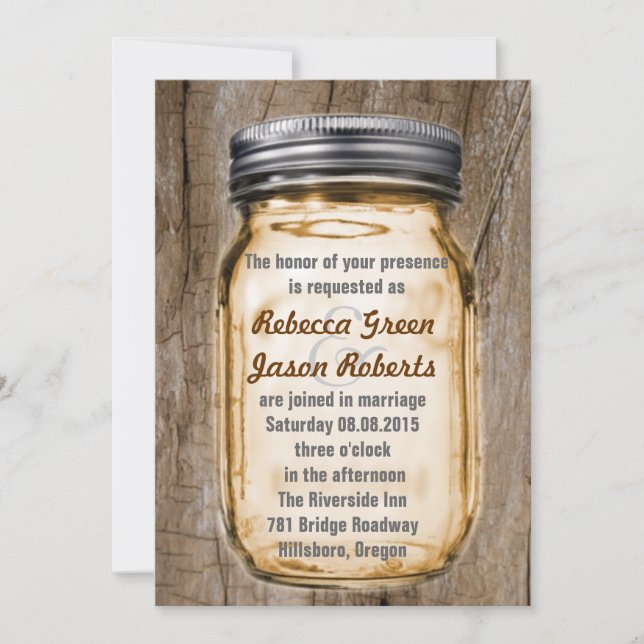 Invitation bois brun pays rustique mason bocal mariage (Devant)