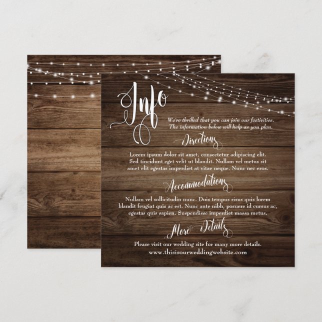 Invitation Bois Brun Rustique avec Lumières, Script d'Informa (Devant / Derrière)