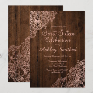 Invitation Bois brun rustique chic rose or floral Sweet 16