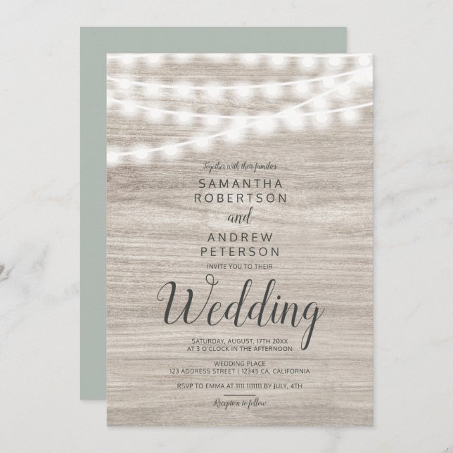 Invitation Bois brun rustique lumières simples mariage (Devant / Derrière)