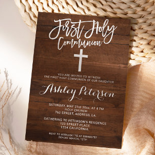 Invitation Bois brun rustique première communion sainte
