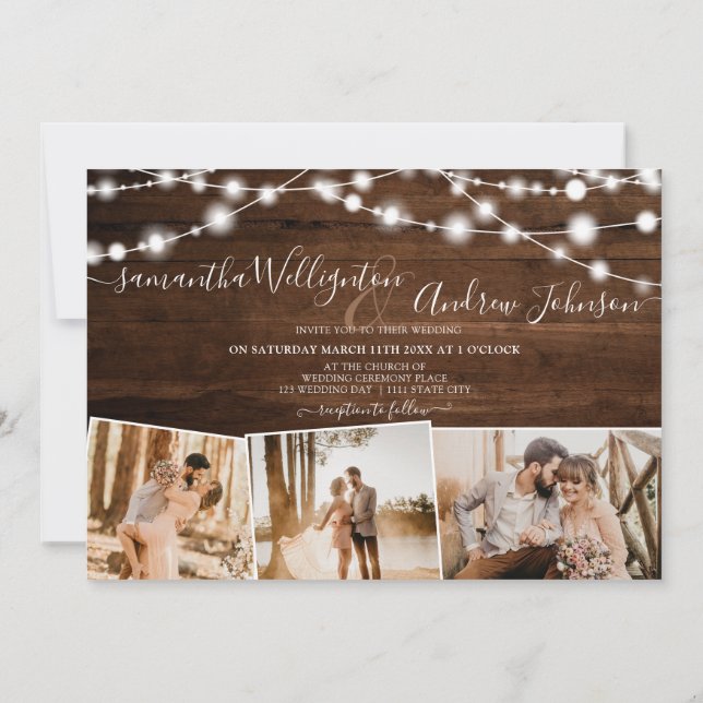 Invitation Bois brun rustique script 4 photos mariage (Dos)