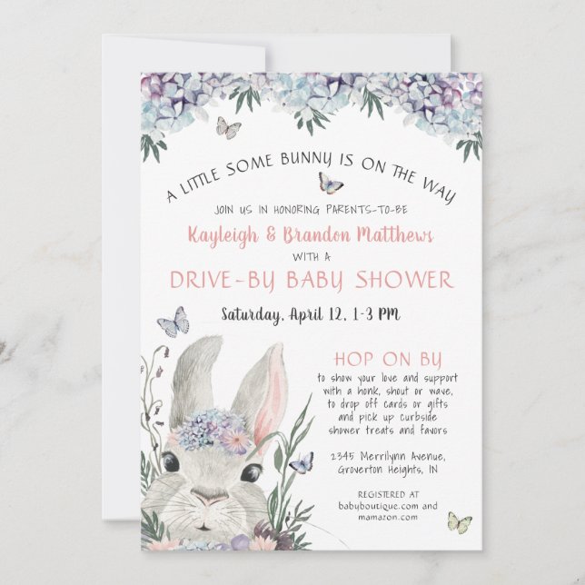 Invitation Bois Bunny Floral Pink Drive Par Baby shower (Devant)