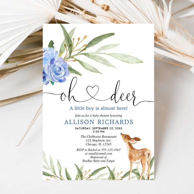 Invitation Bois cerf bleu vert fleuri baby shower garçon (Créateur téléchargé)