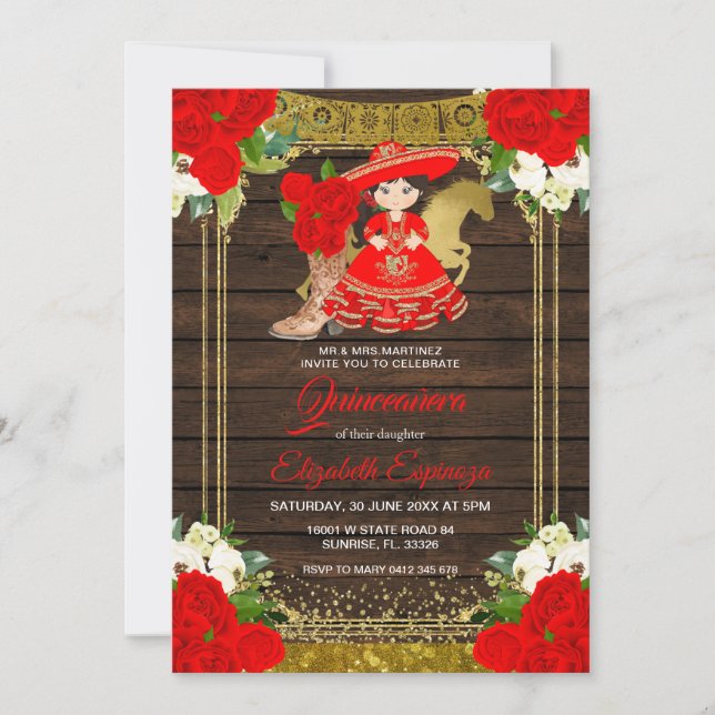 Invitation Bois Cute Rose rouge Fleurs Princesse Quinceanera  (Devant)