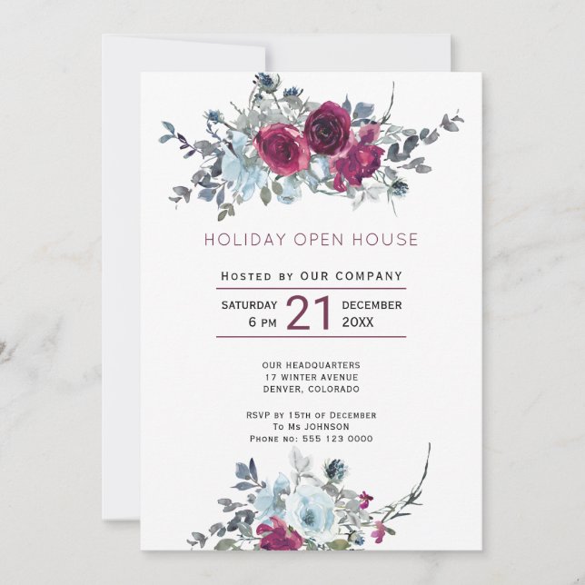 Invitation Bois d'aquarelle Bourgogne fleuri Holiday Open Hou (Devant)