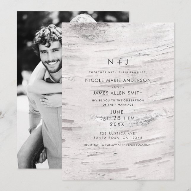 Invitation Bois de bouleau blanc grange rustique moderne phot (Devant / Derrière)