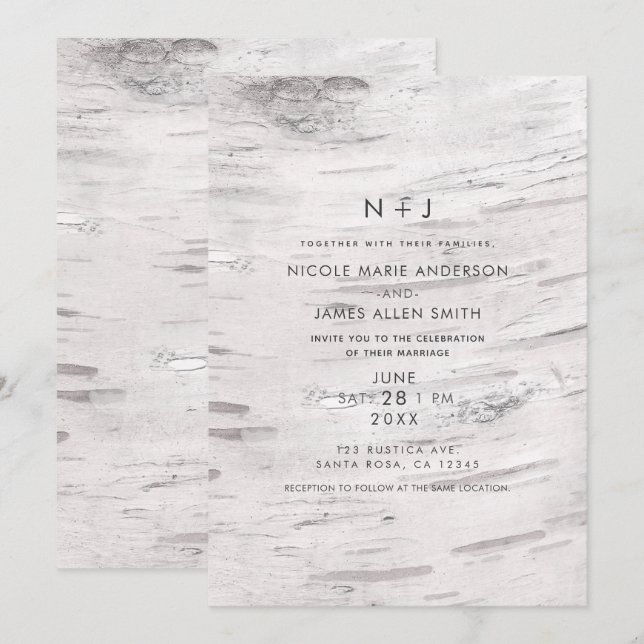 Invitation Bois de bouleau blanc Mariage campagnard de grange (Devant / Derrière)