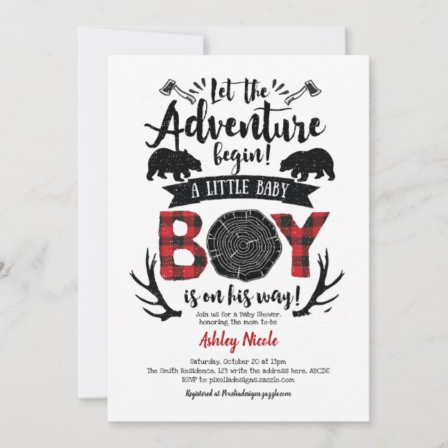 Invitation Bois de bûcheron rustique Buffalo Plaid Baby Boy D (Devant)
