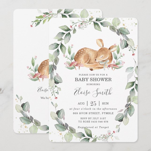 Invitation Bois de cerf de verdure rustique Baby shower feuil (Devant / Derrière)