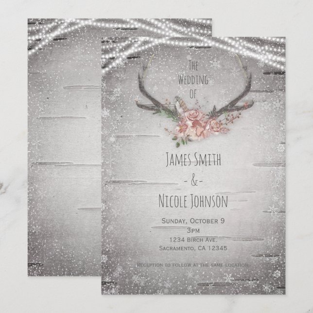 Invitation Bois de cerf rustique et mariage d'hiver de boulea (Devant / Derrière)