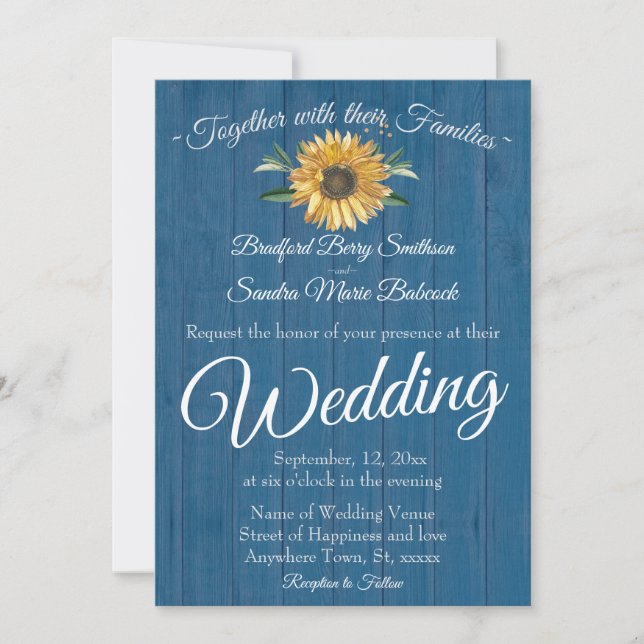 Invitation Bois de grange bleu rustique, mariage de tournesol (Devant)