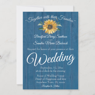 Invitation Bois de grange bleu rustique, mariage de tournesol
