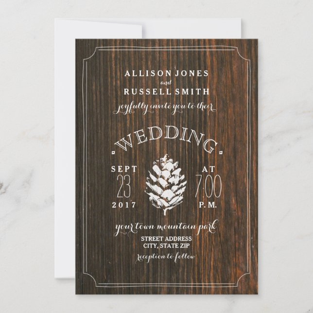 Invitation Bois de grange et cône de pin Mariage rustique (Devant)