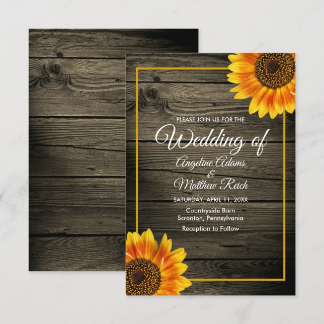 Invitation Bois de grange + Mariage de tournesol rustique (Devant / Derrière)