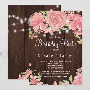 Invitation Bois de grange roses fuchsia pivoines fête d'anniv