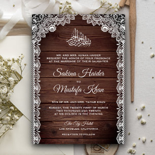 Invitation Bois de grange rustique vintage dentelle islamique