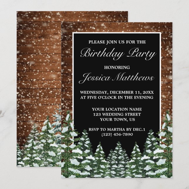Invitation Bois de neige noir et forêt Pin de campagne Annive (Devant / Derrière)