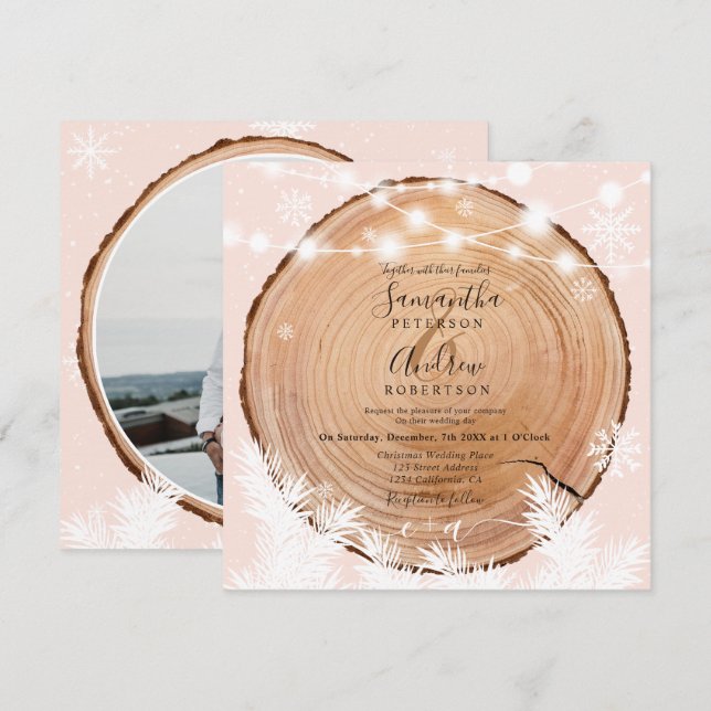 Invitation Bois de neige rustique rond rose mariage photo de  (Devant / Derrière)