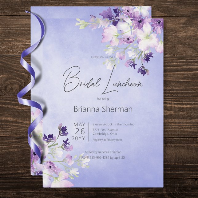 Invitation Bois d'eau violet rustique (Rustic Purple Watercolor Floral Bridal Luncheon Invitation)