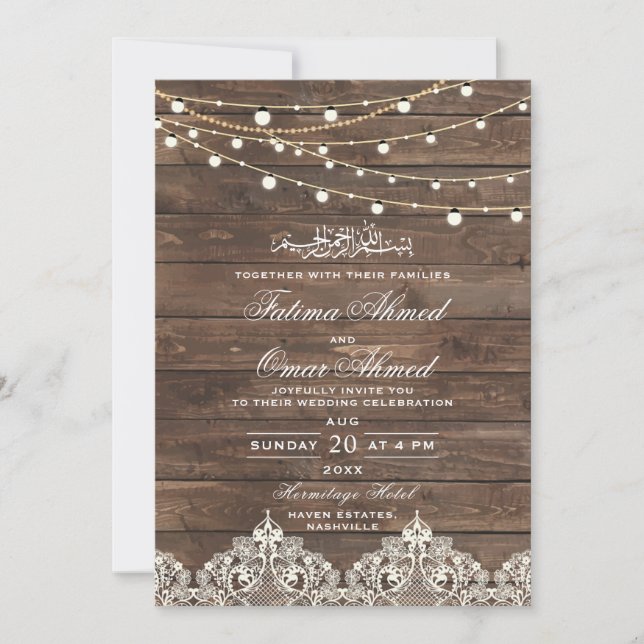 Invitation Bois dentelle lumière à cordes Mariage musulman is (Devant)