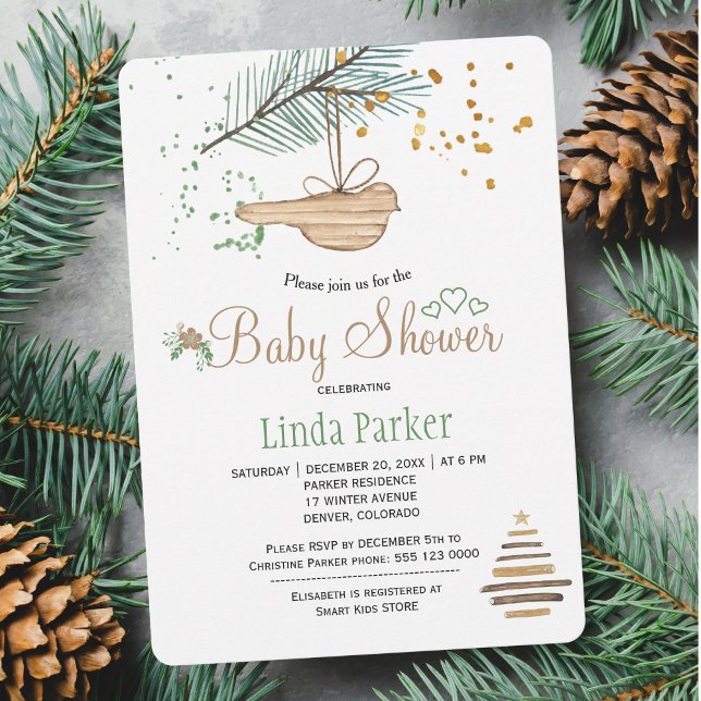 Invitation Bois d'hiver blanc baby shower d'aquarelle naturel (Créateur téléchargé)
