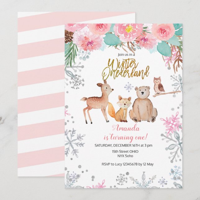 Invitation Bois d'hiver Forêt Chouette des cerfs Anniversaire (Devant / Derrière)