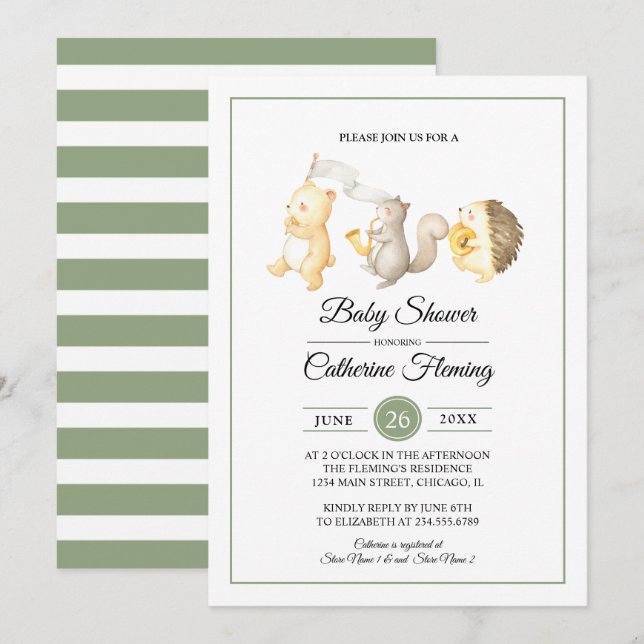 Invitation Bois doux Animaux Baby shower vert clair (Devant / Derrière)