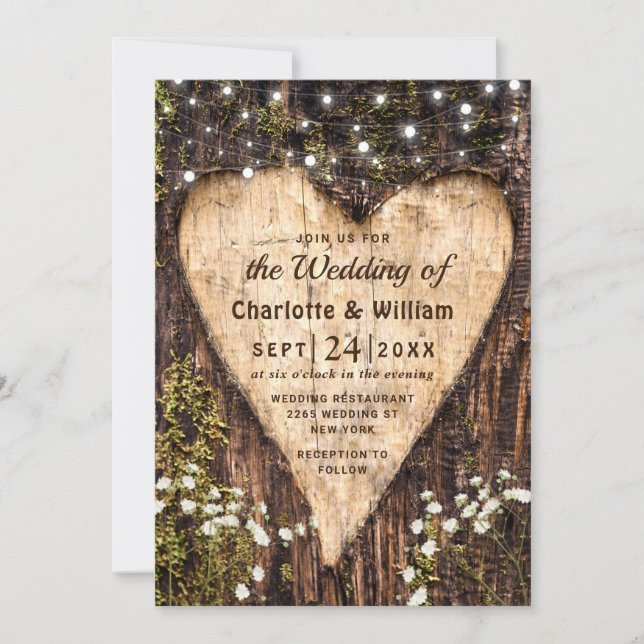 Invitation Bois écorce Bébé Coeur respiratoire Mariage rustiq (Devant)