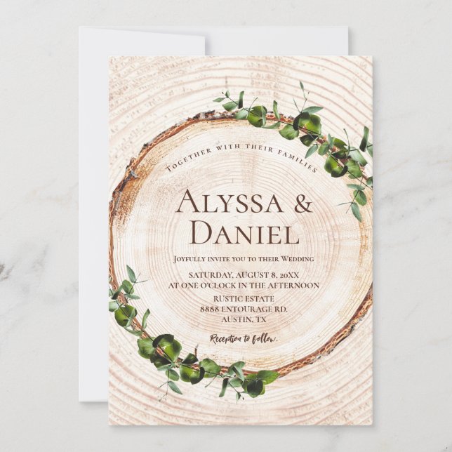 Invitation Bois écorce vert feuille Mariage botanique (Devant)