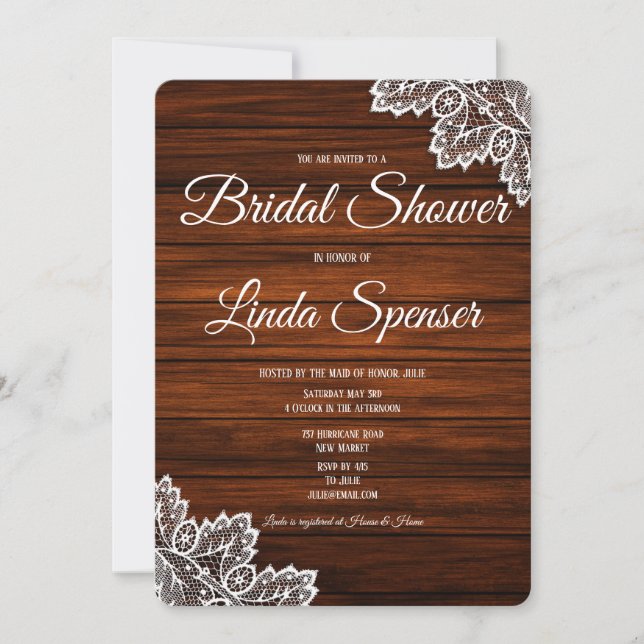 Invitation Bois et dentelle Rustique Douche nuptiale Invitati (Devant)