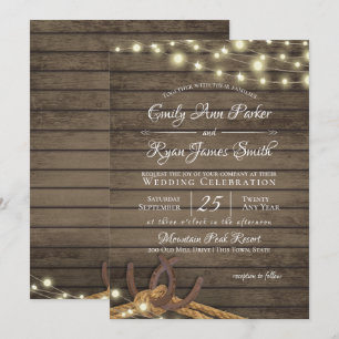 Invitation Bois et lumières de cordes et fer à cheval rustiqu