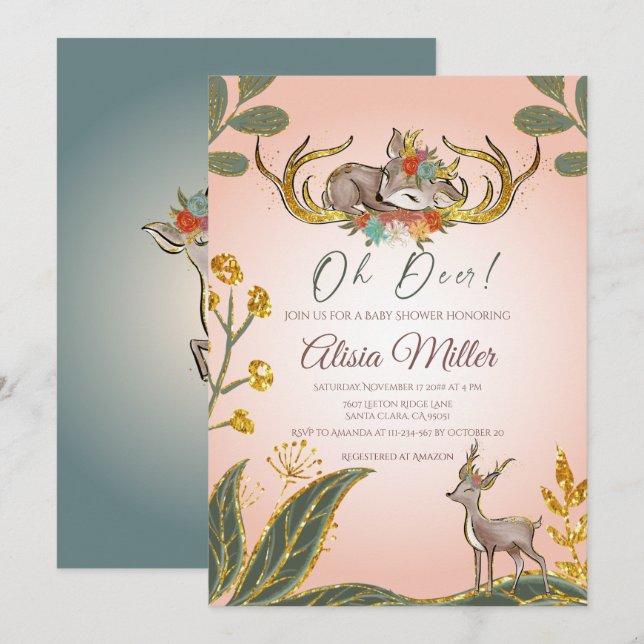 Invitation Bois Fantaisie Verdure Animaux de la Forêt Cerf  (Devant / Derrière)