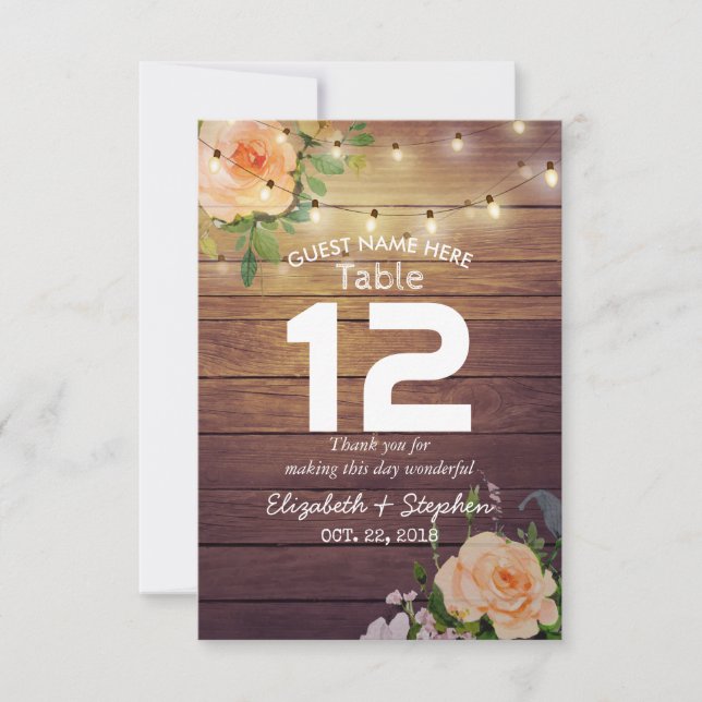 Invitation Bois Floral Chaîne Lumières Mariage Lieu Table No. (Devant)