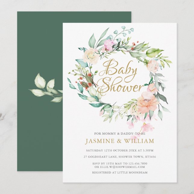 Invitation Bois Floral Rose Couples Baby shower/arrosage (Devant / Derrière)