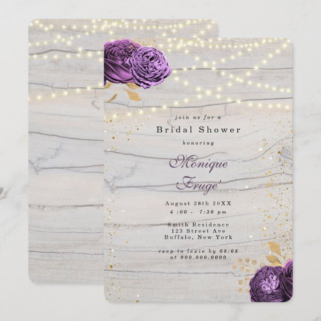 Invitation Bois Floral Violet Chaîne De Lumières Fête des mar (Devant / Derrière)
