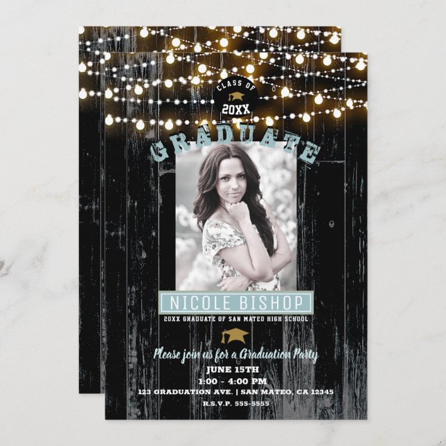 Invitation Bois foncé et lumières Rustique Photo Graduation P (Devant / Derrière)