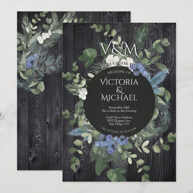 Invitation Bois foncé rustique Floral & Mariage de la forêt d (Devant / Derrière)