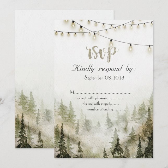 Invitation Bois, Forêt, Pins, Lumières à cordes RSVP (Devant / Derrière)