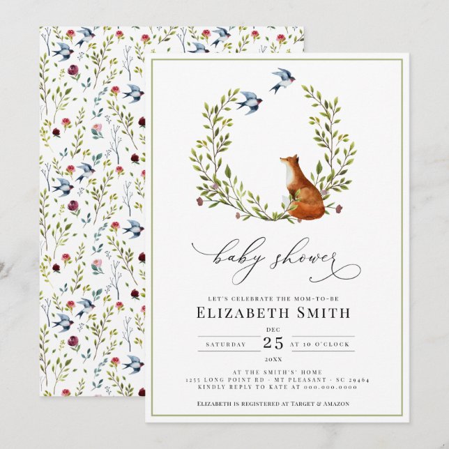 Invitation Bois Fox Floral Genre Baby shower neutre (Devant / Derrière)