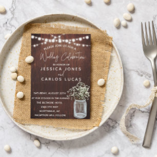 Invitation Bois Gypsophila Baby's Breath Mason Jar Lumières