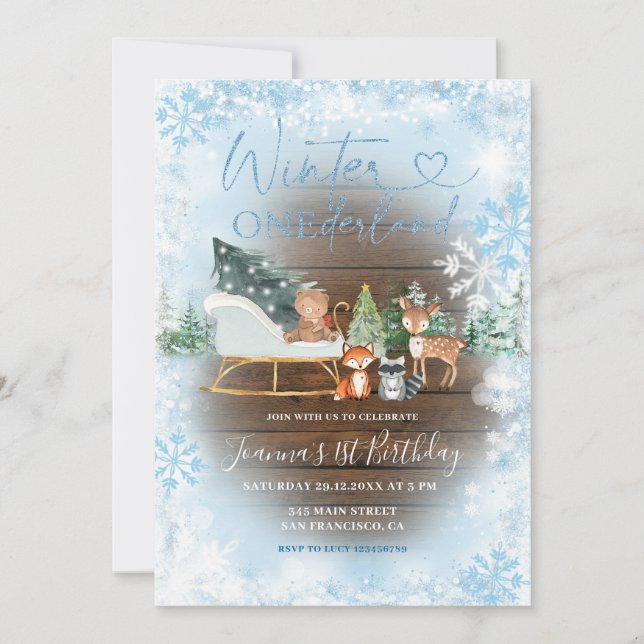 Invitation Bois Hiver Onederland Bleu Animal Anniversaire (Devant)