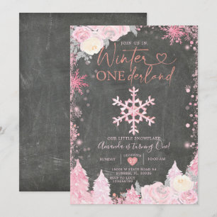 Invitation Bois Hiver Onederland Pink Snowflake Anniversaire