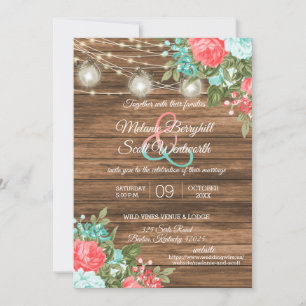 Invitation Bois, jarres de Mason et Turquoise, Mariage de fle