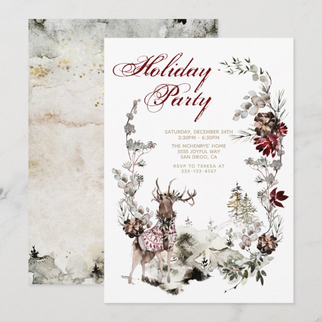 Invitation Bois Joie Noël Cerf Floral Fête (Devant / Derrière)